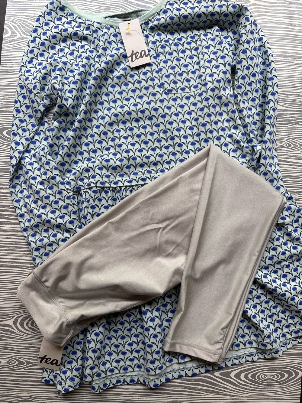 Tea Collection Blue and Mint Floral Dress with Light Gray Leggings